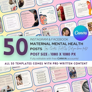 50 Maternal Mental Health Instagram Template, mental health post, therapist template, social media post, life coach post, Canva Template