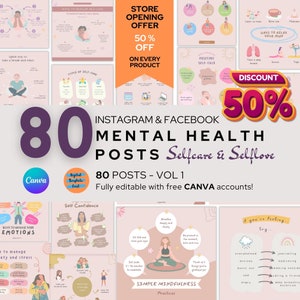 80 mental health instagram canva templates, therapist instagram post, therapist social media templates, mental health post, wellness post