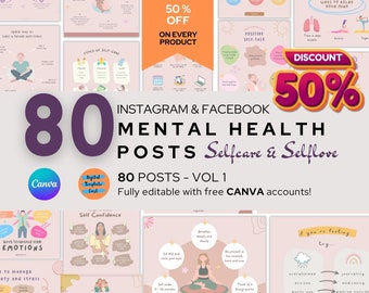 Mental Health and Self Care Instagram Bundle: 80 Editable Canva Templates (Digital Download)