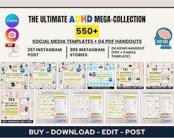 ADHD Awareness Mega Bundle: Instagram Canva Editable Mental Health Coach Kit (550 Post)