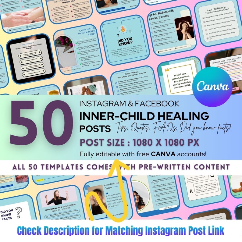 Peut inclure: Un collage de 50 mod&egrave;les de publications Instagram et Facebook pour la gu&eacute;rison de l'enfant int&eacute;rieur. Les mod&egrave;les sont enti&egrave;rement modifiables et sont livr&eacute;s avec du contenu pr&eacute;-&eacute;crit. Le texte sur l'image indique "50 publications sur la gu&eacute;rison de l'enfant int&eacute;rieur&nbsp;: conseils, citations, FAQ. Saviez-vous&nbsp;? Taille de la publication&nbsp;: 1080 x 1080 px. Enti&egrave;rement modifiable avec des comptes Canva gratuits&nbsp;! Les 50 mod&egrave;les sont livr&eacute;s avec du contenu pr&eacute;-&eacute;crit. Consultez la description pour le lien de publication Instagram correspondant."