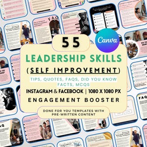 Könnte beinhalten: Eine Collage aus 55 Social-Media-Vorlagen für Instagram und Facebook. Die Vorlagen sollen Unternehmen und Einzelpersonen dabei helfen, ihre Führungskompetenzen zu verbessern. Die Vorlagen beinhalten Tipps, Zitate, FAQs, Fakten und Multiple-Choice-Fragen. Der Text "55 Leadership Skills (Self Improvement)" wird in großen, fetten Buchstaben angezeigt. Der Text "Tips, Quotes, FAQs, Did You Know Facts, MCQs" wird in kleineren Buchstaben unter dem Titel angezeigt. Der Text "Instagram & Facebook | 1080 x 1080 px Engagement Booster" wird in kleineren Buchstaben unter dem vorherigen Text angezeigt. Der Text "Done for You Templates with Pre-Written Content" wird in kleineren Buchstaben unter dem vorherigen Text angezeigt.