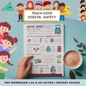 May include: A poster titled "TEACH KIDS DIGITAL SAFETY" with colorful illustrations and text explaining digital safety to children. The poster includes sections on online safety, passwords, and privacy.