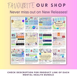 Puede incluir: Imagen promocional con el texto "FAVOURITE OUR SHOP" y "Never miss out on New Releases!" que presenta una cuadr&iacute;cula de paquetes de productos digitales. Los paquetes incluyen plantillas para Instagram, Facebook y herramientas de autocuidado. La imagen incluye texto y gr&aacute;ficos.