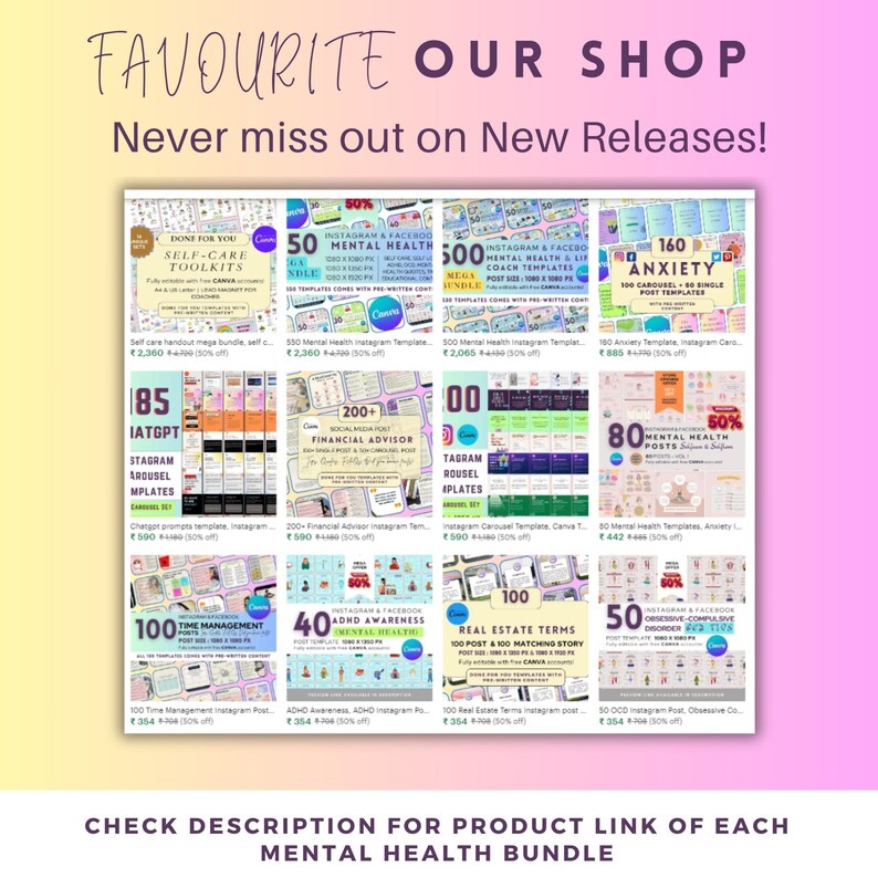 Puede incluir: Imagen promocional con el texto "FAVOURITE OUR SHOP" y "Never miss out on New Releases!" que presenta una cuadr&iacute;cula de paquetes de productos digitales. Los paquetes incluyen plantillas para Instagram, Facebook y herramientas de autocuidado. La imagen incluye texto y gr&aacute;ficos.