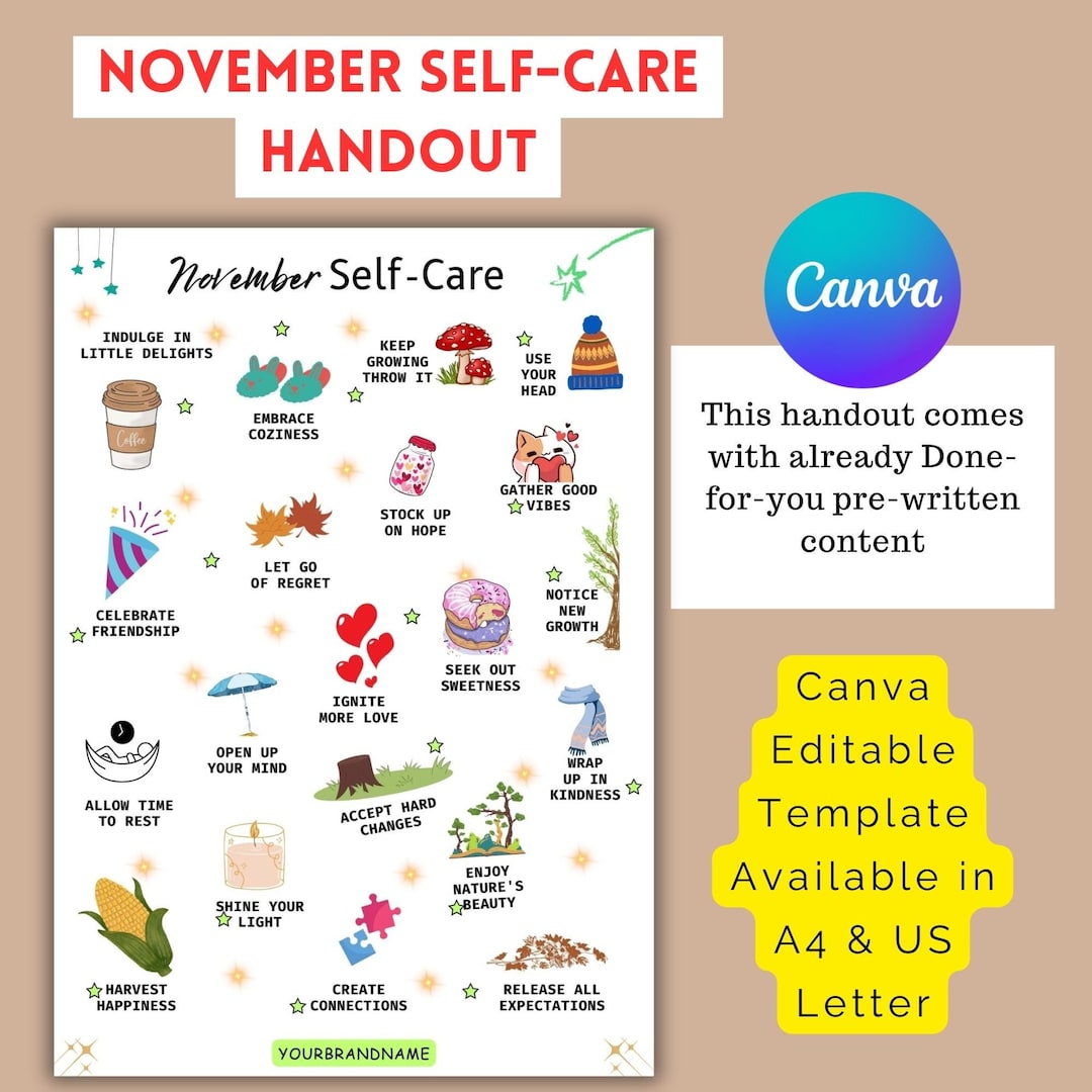 Self Care Handout November Self Care Canva Mental Health Etsy
