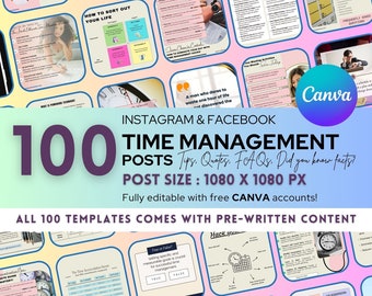 Time Management Instagram Bundle: 100 Editable Canva Template (Digital Download)