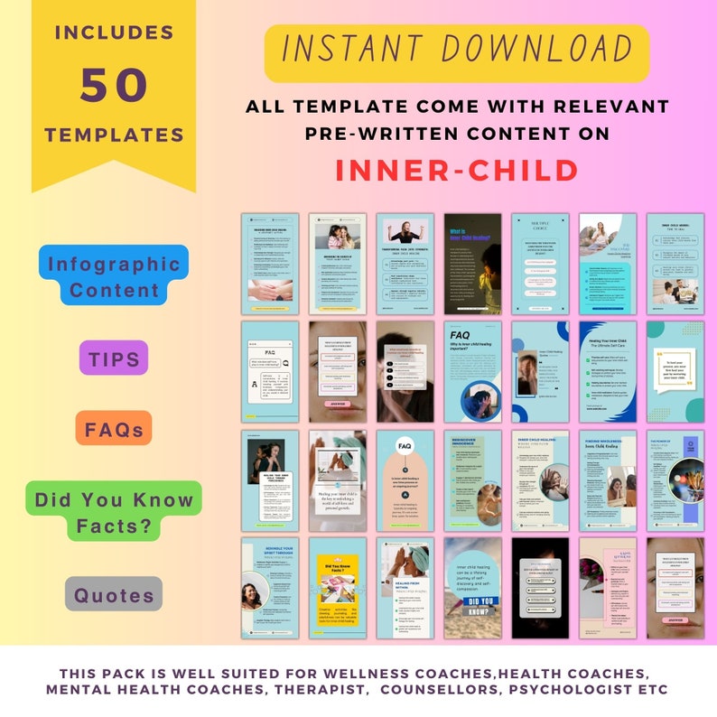 Peut inclure: Une liste de produits num&eacute;riques pour 50 mod&egrave;les de m&eacute;dias sociaux sur le th&egrave;me du travail de l'enfant int&eacute;rieur. Les mod&egrave;les sont con&ccedil;us pour les coachs en bien-&ecirc;tre, les coachs en sant&eacute;, les coachs en sant&eacute; mentale, les th&eacute;rapeutes, les conseillers et les psychologues. Les mod&egrave;les comprennent des infographies, des conseils, des FAQ, des faits et des citations.