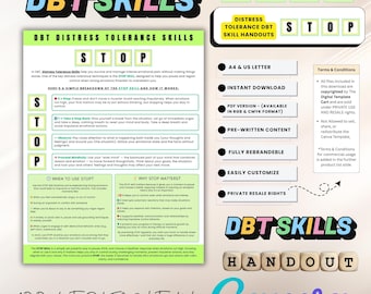 DBT STOP Skill Handout: Distress Tolerance, Emotional Regulation (PDF & Canva Template)