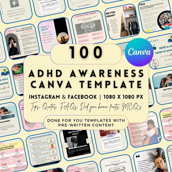 ADHD Awareness Instagram Bundle: 100 Editable Canva Templates (Therapist, Counsellor, Health Care)