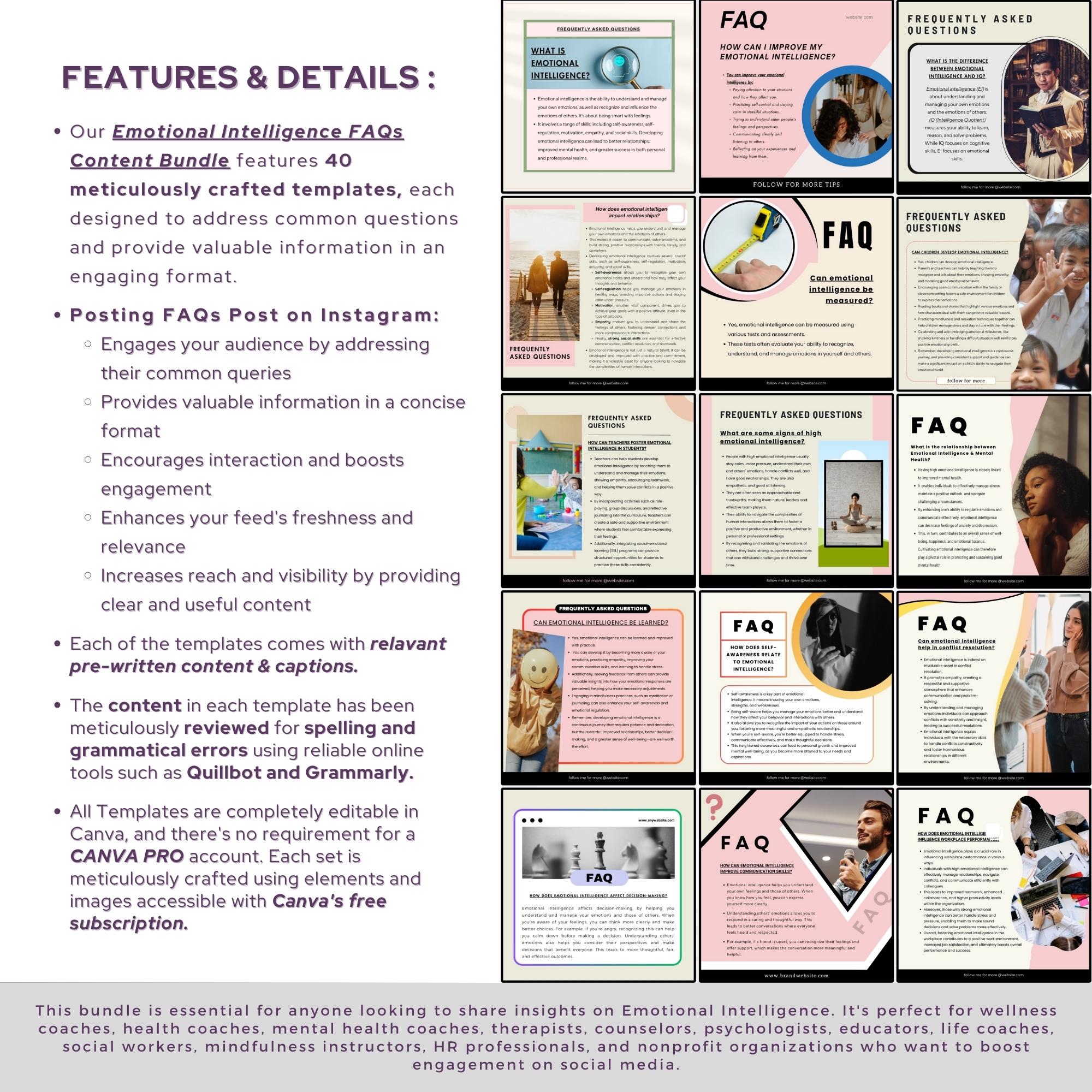Faqs Template Instagram Emotional Intelligence Faqs Instagram Bundle: 40 Editable Canva ...