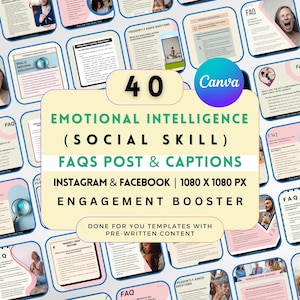 Puede incluir: Un gráfico digital con el texto "EMOTIONAL INTELLIGENCE (SOCIAL SKILL) FAQS POST & CAPTIONS" y "INSTAGRAM & FACEBOOK | 1080 X 1080 PX". La imagen incluye el número "40" y el logotipo de Canva. El fondo presenta múltiples tarjetas de preguntas frecuentes.