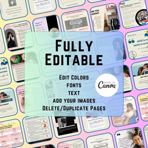 May include: A collage of colorful digital images with the text "FULLY EDITABLE" in large, white letters. The text "EDIT COLORS, FONTS, TEXT" is below the main text. The text "ADD YOUR IMAGES, DELETE/DUPLICATE PAGES" is below that. The text "MADE IN CANVA" is in the lower right corner. The images are of various topics, including ADHD, driving with ADHD, and managing stress.