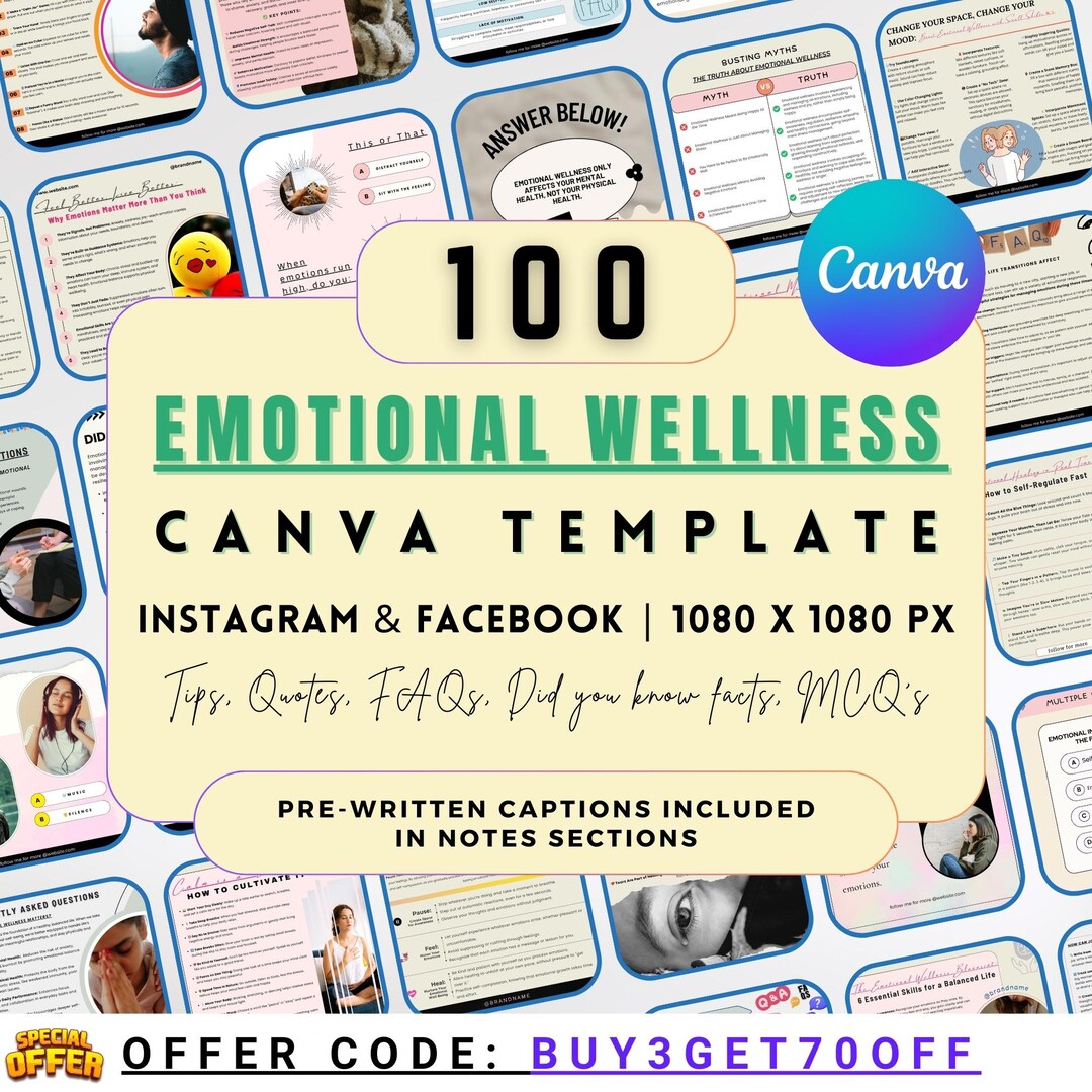 Emotional Wellness Instagram Post: 100 Editable Canva Templates - Etsy