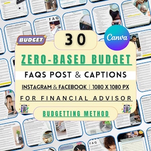30 finance budget FAQ post, zero based budget instagram canva templates, financial coach, finance business branding post, personal finance