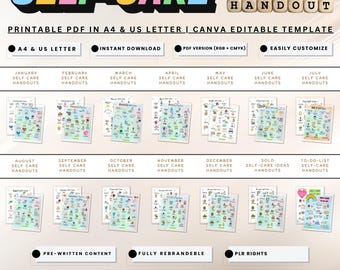 Self-Care Handout Bundle: Monthly Wellness, Editable Canva Templates (PLR)
