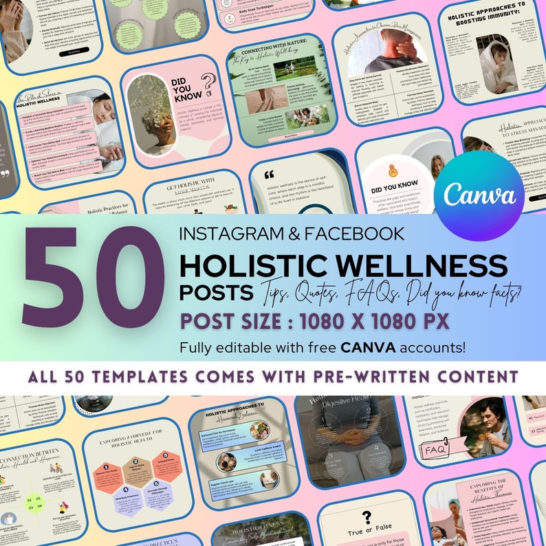 50 Holistic wellness instagram Post, wellness coach canva templates, wellness social media templates, mental health instagram post, IG post