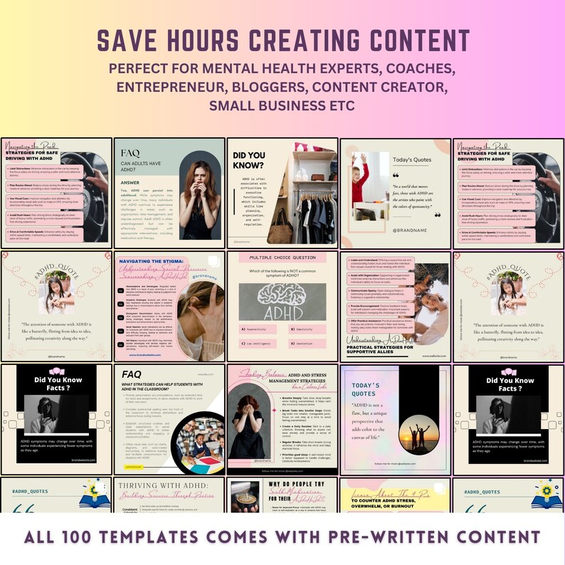 May include: A collage of 12 pink and beige social media templates with text and images related to ADHD. The text includes "Did You Know Facts?", "ADHD Quote", "Navigating the Stigma", "Today's Quotes", "Thriving with ADHD", "Why Do People Try to Counter Stress, Overwhelm, or Burnout", "Practical Strategies for Supportive Allies", "ADHD and Fitness Management Strategies", "Multiple Choice Question", "Can Adults Have ADHD", "Strategies for Safe Driving with ADHD", and "FAQ".