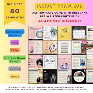 Puede incluir: Un producto digital con 80 plantillas sobre el agotamiento acad&eacute;mico, que incluye contenido de infograf&iacute;a, consejos, preguntas frecuentes, datos, citas y cuestionarios. Las plantillas est&aacute;n dise&ntilde;adas para entrenadores de bienestar, entrenadores de salud, terapeutas y consejeros. El texto incluye "Descarga instant&aacute;nea" y "Agotamiento acad&eacute;mico".