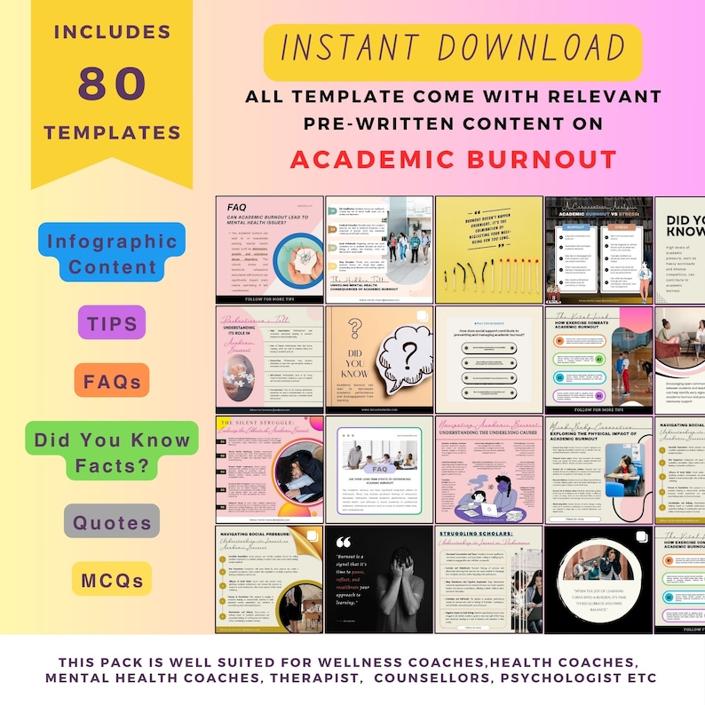 Puede incluir: Un producto digital con 80 plantillas sobre el agotamiento acad&eacute;mico, que incluye contenido de infograf&iacute;a, consejos, preguntas frecuentes, datos, citas y cuestionarios. Las plantillas est&aacute;n dise&ntilde;adas para entrenadores de bienestar, entrenadores de salud, terapeutas y consejeros. El texto incluye "Descarga instant&aacute;nea" y "Agotamiento acad&eacute;mico".