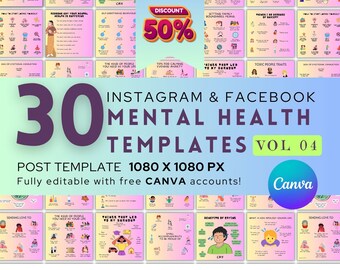 Mental Health Instagram Bundle: 30 Therapist Social Media Post (Editable Canva Templates)