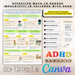 May include: A printable handout with tips for reducing impulsivity in children with ADHD. The handout includes colourful illustrations and text such as "The Hand in Rocket Trick", "Create a Think, Then Act Necklace", "The Mirror Test for Self-Awareness", "The Countdown Challenge", and "The Stoplight Steps Method". The handout is fully customisable and rebrandable. It is available for instant download in PDF format.