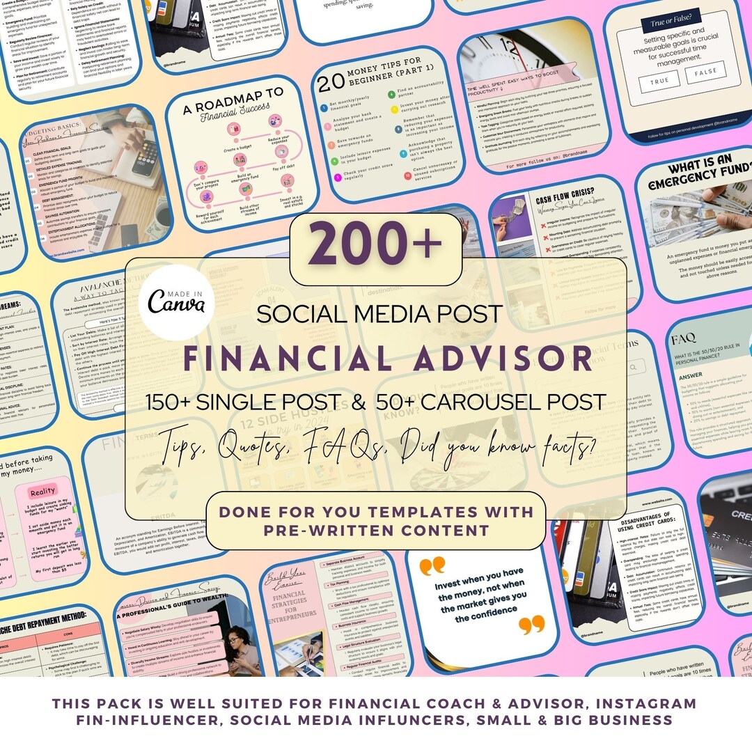 Financial Advisor Instagram Post Bundle: 200 Editable Canva Template ...