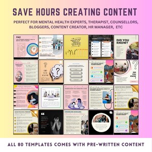 Puede incluir: Imagen promocional con el texto "SAVE HOURS CREATING CONTENT" y dirigida a expertos en salud mental. La imagen muestra 20 plantillas con contenido preescrito, cada una con un dise&ntilde;o y dise&ntilde;o &uacute;nicos, para redes sociales.