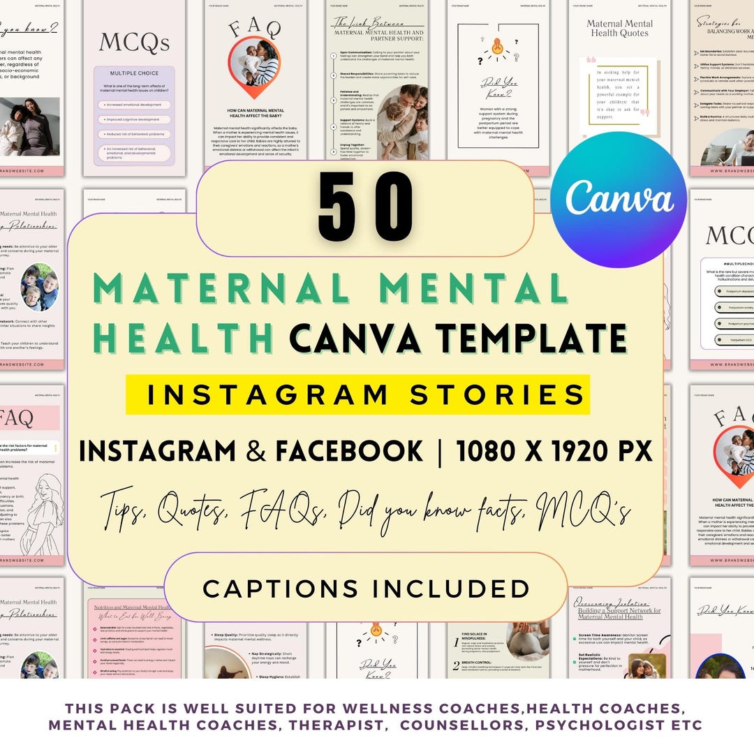 Maternal Mental Health Instagram Story Bundle: 50 Editable Canva ...