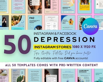 Depression Instagram Stories Bundle: 50 Editable Canva Template (Digital Download)