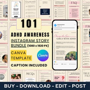 ADHD Awareness Instagram Story Bundle: 101 Editable Canva Templates (Therapist, Counsellor, Health Care)