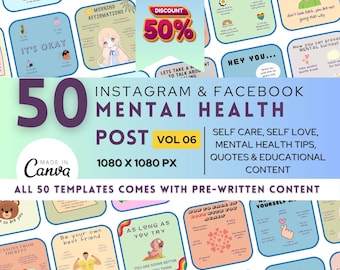Mental Health Instagram Bundle: 50 Therapist Social Media Post (Editable Canva Templates)