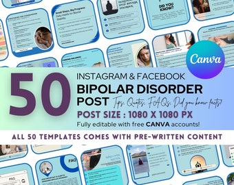 Bipolar Disorder Instagram Bundle: 50 Editable Canva Templates (Digital Download)