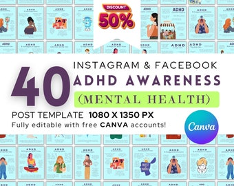 Lot Instagram de sensibilisation au TDAH : 40 modèles Canva modifiables (téléchargement numérique)