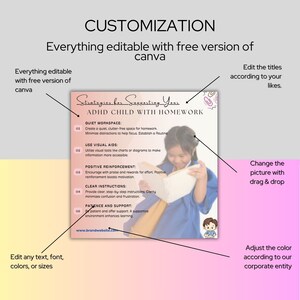 May include: A pink and white printable worksheet with the title "Strategies for Supporting Your ADHD Child with Homework". The worksheet lists five strategies for helping children with ADHD succeed with homework, including creating a quiet workspace, using visual aids, positive reinforcement, clear instructions, and patience and support. The worksheet features a cartoon illustration of a young girl reading a book.