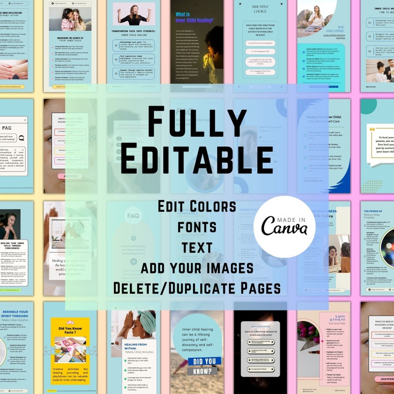 Peut inclure: Un collage d'images pr&eacute;sentant un mod&egrave;le Canva enti&egrave;rement modifiable pour la gu&eacute;rison de l'enfant int&eacute;rieur. Le mod&egrave;le comprend du texte, des images et une vari&eacute;t&eacute; de couleurs et de polices. Le texte sur le mod&egrave;le comprend "Qu'est-ce que la gu&eacute;rison de l'enfant int&eacute;rieur ?", "Gu&eacute;rir votre enfant int&eacute;rieur", "Le pouvoir du pardon", "Rallumer votre esprit &agrave; travers", "Saviez-vous ?", "Gu&eacute;rir de l'int&eacute;rieur", et "Cr&eacute;&eacute; avec Canva".