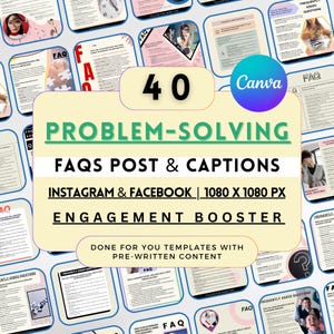 Op de afbeelding: Een digitale marketingafbeelding met de tekst "40 PROBLEM-SOLVING FAQS POST & CAPTIONS INSTAGRAM & FACEBOOK | 1080 X 1080 PX ENGAGEMENT BOOSTER DONE FOR YOU TEMPLATES WITH PRE-WRITTEN CONTENT". De afbeelding toont een collage van 40 verschillende social media-berichten, elk met een ander ontwerp en lay-out. De berichten gaan allemaal over veelgestelde vragen (FAQ's) en probleemoplossing.