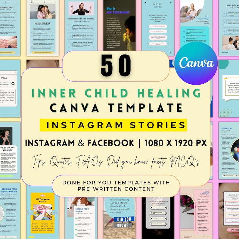 Peut inclure: Un mod&egrave;le Canva pour les stories Instagram et Facebook sur la gu&eacute;rison de l'enfant int&eacute;rieur. Le mod&egrave;le comprend 50 designs pr&eacute;-&eacute;crits avec des conseils, des citations, des FAQ, des faits &agrave; savoir et des questions &agrave; choix multiples. Le mod&egrave;le est de 1080 x 1920 pixels.