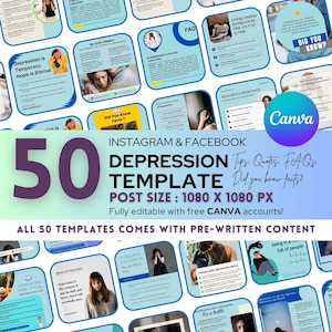 50 Depression Instagram Templates, Mental health Canva Templates, Therapist Templates, Social media post, engagement booster, Instagram Post