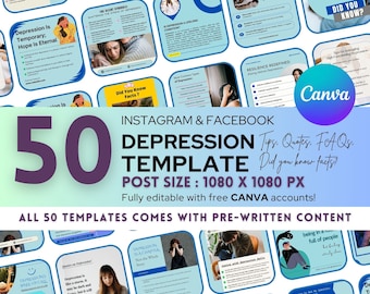 Depression Instagram Post Bundle: 50 Editable Canva Template (Digital Download)