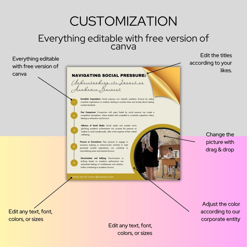 Puede incluir: Gr&aacute;fico promocional con el t&iacute;tulo "CUSTOMIZACI&Oacute;N" y el texto "Todo editable con la versi&oacute;n gratuita de canva". El gr&aacute;fico incluye una plantilla de presentaci&oacute;n con texto, colores e im&aacute;genes editables, con el tema de la gesti&oacute;n de la presi&oacute;n social.