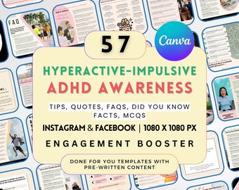 ADHD Instagram Bundle: 57 Editable Canva Template for Mental Health Coach and Therapist