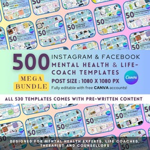 500 Mental Health Instagram Templates, Life Coach Templates, Mental Health Canva Template with real pre written content, Engagement Booster