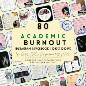 Puede incluir: Un producto digital titulado "80 Academic Burnout" en letras grandes y en negrita. Dise&ntilde;ado para Instagram y Facebook, con un tama&ntilde;o de 1080 x 1080 px. Incluye consejos, citas, preguntas frecuentes, datos y preguntas de opci&oacute;n m&uacute;ltiple, con contenido preescrito.