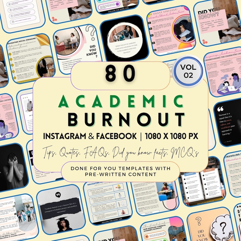 Puede incluir: Un producto digital titulado "80 Academic Burnout" en letras grandes y en negrita. Dise&ntilde;ado para Instagram y Facebook, con un tama&ntilde;o de 1080 x 1080 px. Incluye consejos, citas, preguntas frecuentes, datos y preguntas de opci&oacute;n m&uacute;ltiple, con contenido preescrito.