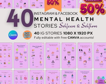 Mental Health Therapist Instagram Stories Bundle: 40 Canva Templates (Digital Download)