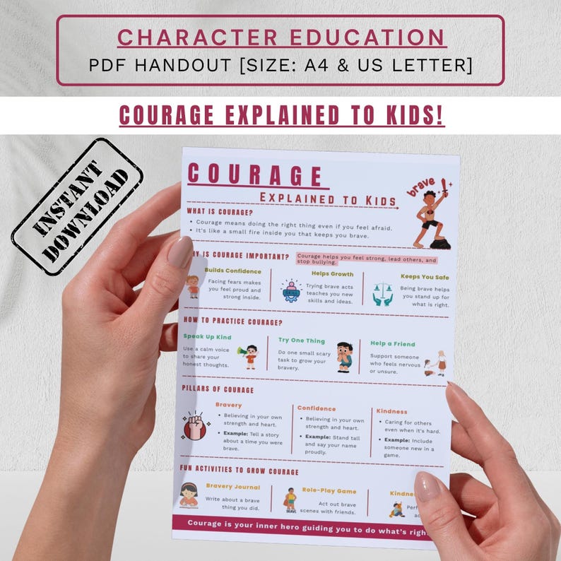 Courage Worksheet for Kids: Character Education Handout (PDF Printable ...