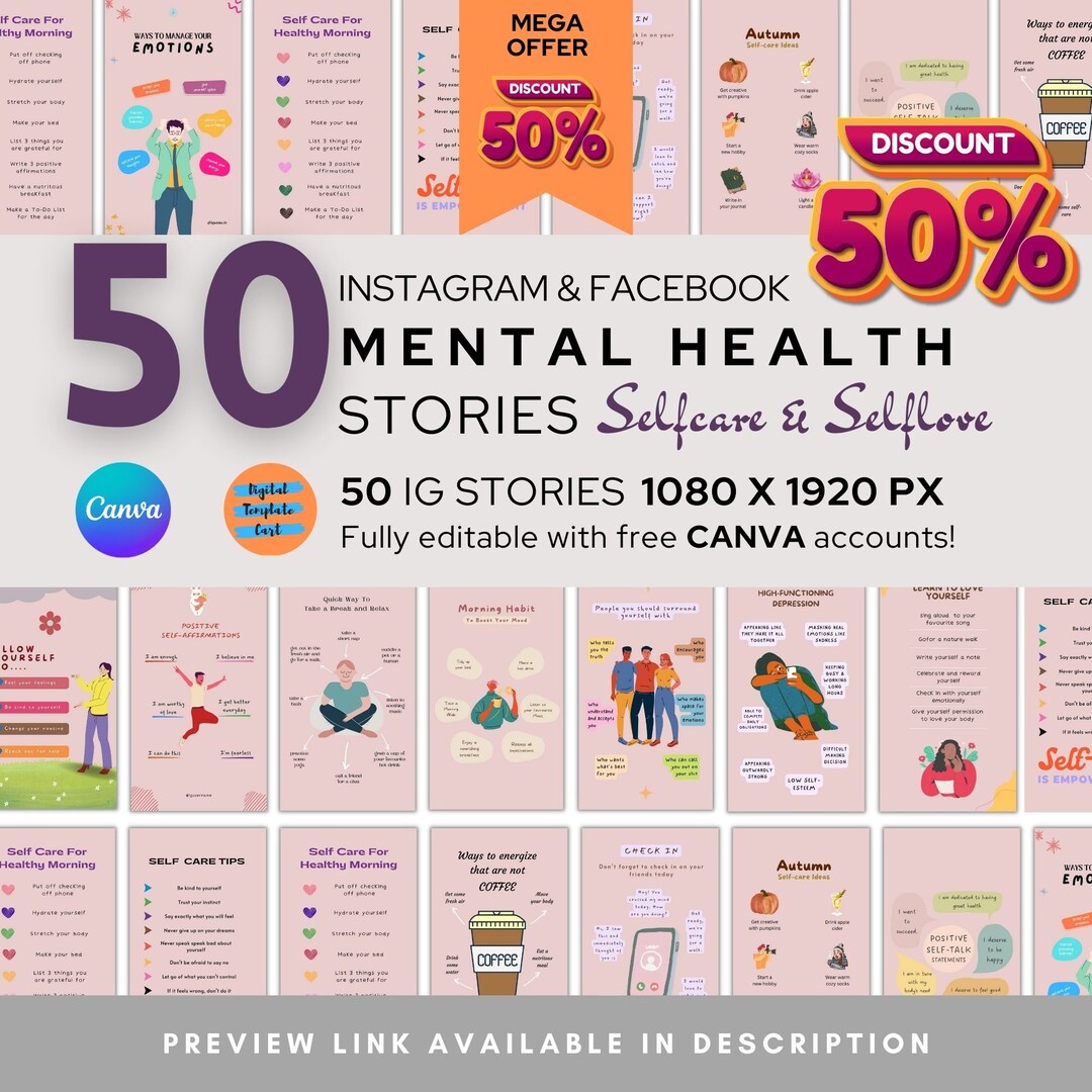 Mental Health and Self Care Instagram Stories Bundle: 50 Editable Canva ...
