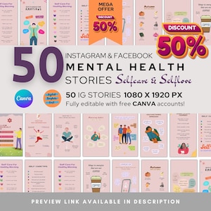 50 modelli di salute mentale, modelli di storie di Instagram, modello Canva di salute mentale, potenziatore di coinvolgimento, post Instagram di cura di sé, post IG