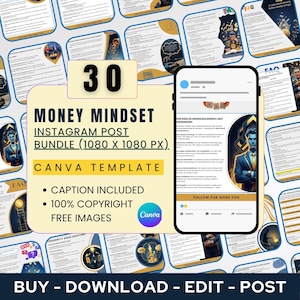 May include: A digital product bundle for Instagram featuring 30 money mindset posts, a Canva template, and copyright-free images. The design includes a smartphone mockup and the text "Money Mindset Instagram Post Bundle (1080 x 1080 px)."